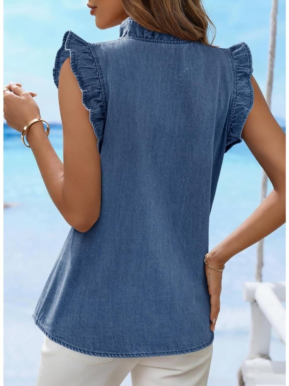 Women's Dark Blue Sleeveless Tops Button Up Peplum V Neck Jean Western Vest - Picture 2 of 6